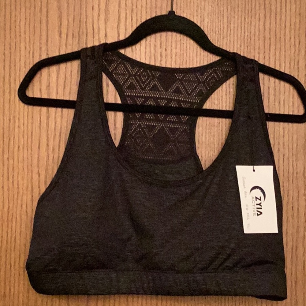 Zyia NWT Heathered Black Bomber Sports Bra Mesh Lace Back: XXXL